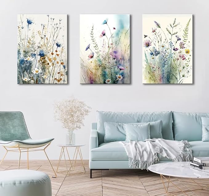 dgbtcart Watercolor Flower Canvas Wall Art Bathroom Decor Elegant Floral Wall Decor Colorful Botanical Painting Prints Flower Pictures for Living Room Bedroom Home Office Decoration 12"x16"x3pcs