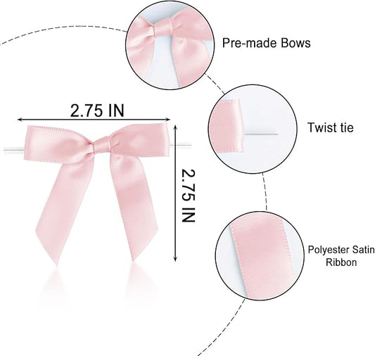 50 PCS Pink Twist Tie Bows 2.5" Satin Ribbon Bows Decor for Gift Wrapping Craft Treat Bags Cake Pop Basket, Wedding Baby Shower Birthday Party Favors