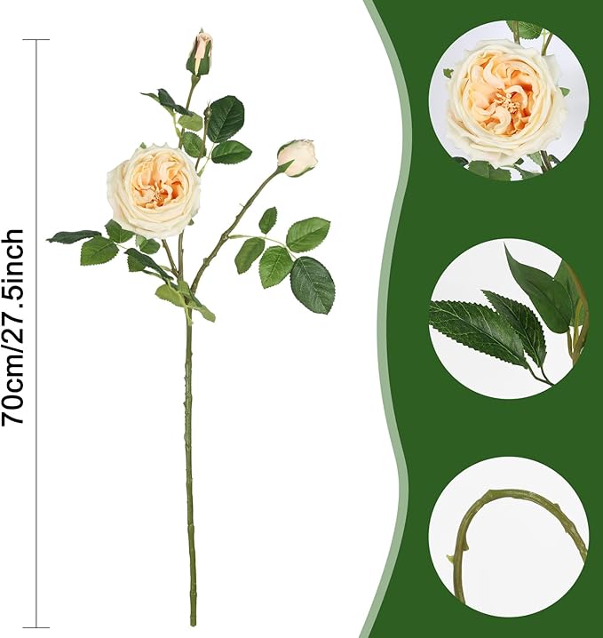 Real Touch Austin Roses Peonies Artificial Flowers 4 Bouquets Latex Fake Peonies with Long Stem Realistic Faux Peonies Flower for Wedding Party Home Table Centerpieces Decorations (Champagne)