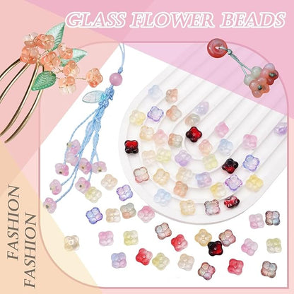 100PCS Glass Flower Beads for Jewelry Making 4 Petal Flower Bead Caps Gradient Cute Floral Beads Aesthetic Charms for Necklace Bracelets Earrings DIY Craft Home Decoration-Red