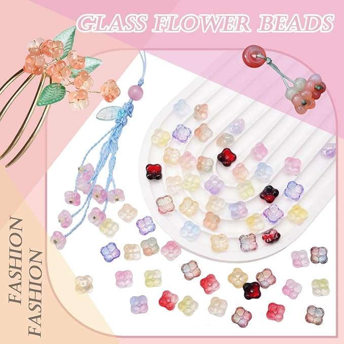 100PCS Glass Flower Beads for Jewelry Making 4 Petal Flower Bead Caps Gradient Cute Floral Beads Aesthetic Charms for Necklace Bracelets Earrings DIY Craft Home Decoration-Pink
