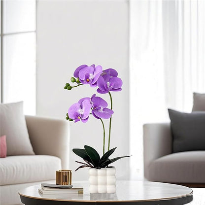 Artificial Orchid Flowers, 14 Inches Tall, Purple, Set in White Vases for Home Decor Orchid Artificial Flowers