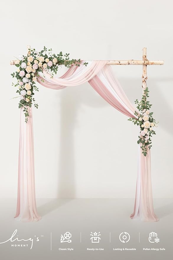 Ling's moment Wedding Arch Flowers with Drapes Kit-Pack of 5, 2pcs Flower Arrangements 3pcs Sheer Hanging Drapes White Ceremony Arbor Backdrop Artificial Rose Floral Decorations, Blush Cream