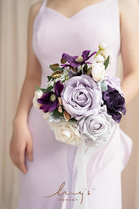 Ling's Moment Artificial Flowers Purple Bridesmaid Bouquet Set of 4, Lilac and Gold Wedding Flowers Bouquets for Bridesmaids, 7 Inch Bridal Bouquets for Bridesmaids, Wedding, Ceremony, Anniversary, et