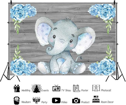 AOFOTO 12x10ft Elephant Rustic Grey Wooden Backdrop for Boy Baby Shower Watercolor Blue Floral Cartoon Animal Gender Reveal Photography Background It's a Boy Newborn Kids Birthday Party Decoration