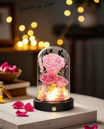 Preserved Flowers in Glass Dome, Christmas Pink Flowers for Delivery Prime, Forever Roses Valentines Day Anniversary Mothers Day Birthday Gifts for Mom Women Wife Girlfriend