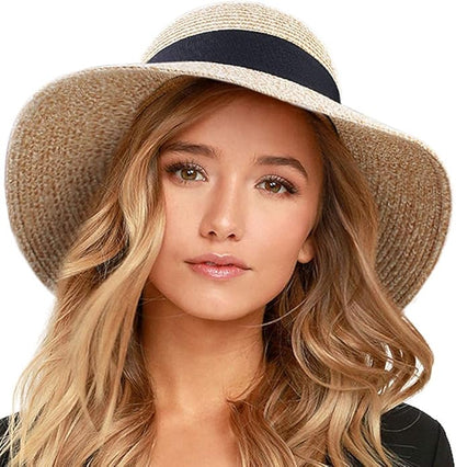 FURTALK Womens Beach Sun Straw Hat UV UPF 80+ Travel Foldable Brim Summer UV Hat