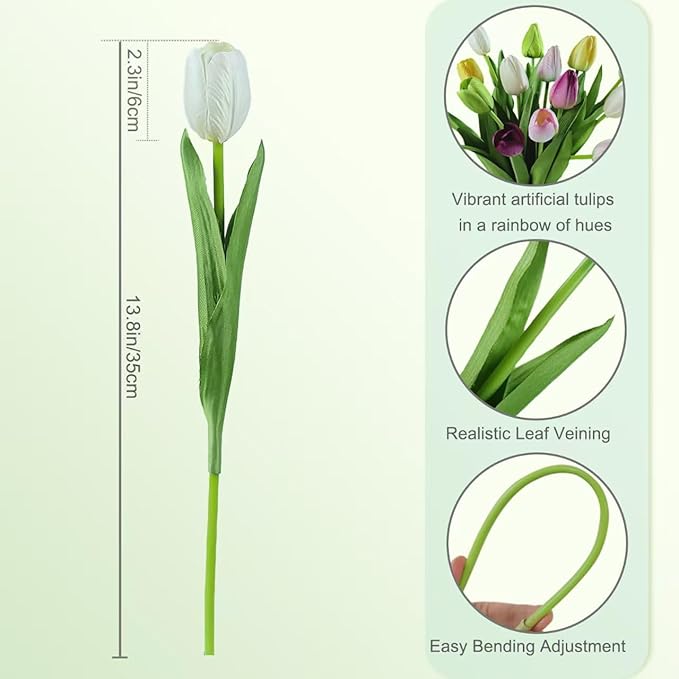 12pcs Tulips Artificial Flowers Real Touch Silk Faux Flowers Tulip Stems for Wedding Spring Bouquet Floral Arrangement Home Party Office Decorations (White Pink Yellow Green)
