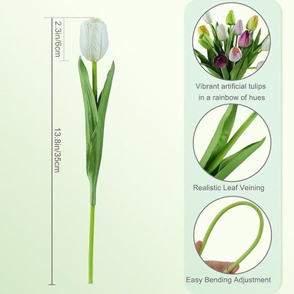 12pcs Tulips Artificial Flowers Real Touch Silk Faux Flowers Tulip Stems for Wedding Spring Bouquet Floral Arrangement Home Party Office Decorations (White Pink Yellow Green)