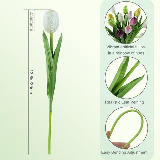 12pcs Tulips Artificial Flowers Real Touch Silk Faux Flowers Tulip Stems for Wedding Spring Bouquet Floral Arrangement Home Party Office Decorations (White Pink Yellow Green)