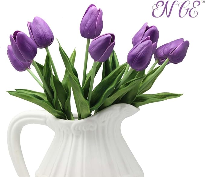 Artificial Flowers 10 Heads Mini Real Touch Artificial Tulip for Home Wedding Party Centerpiece Decoration (Dark Purple)