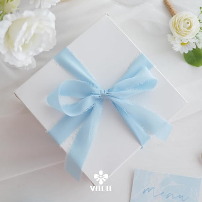 MEEDEE Light Blue Chiffon Ribbon 1 Inch Fringe Ribbons Baby Blue Chiffon Silk Frayed Edge Ribbon Thin Chiffon Ribbons for Crafts, Gift Wrapping, Wedding Invitation (3 Rolls 21 Yards)