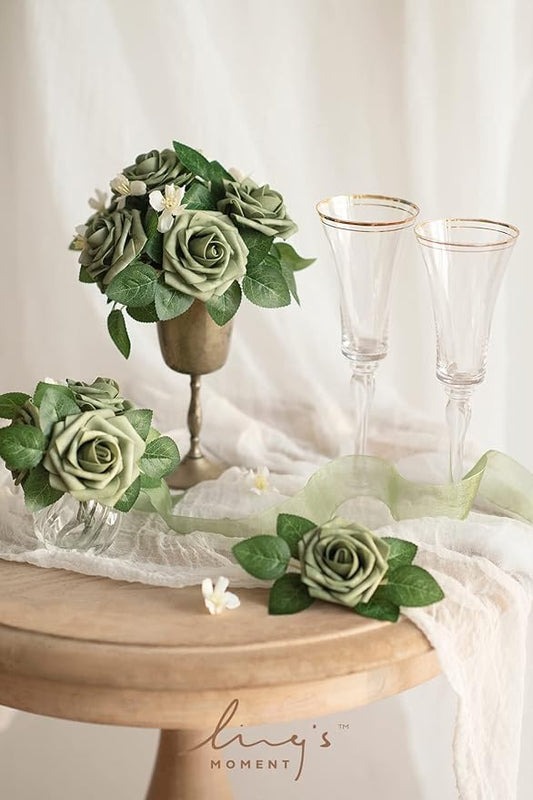 Ling's moment Artificial Flowers 25Pcs Elf Green Roses Decor w/Stems,3" Real Touch DIY Foam Floral for Wedding Bouquet/Centerpieces, Outdoors Party Backdrop, Room/Table, and Garden/Pot Decorations