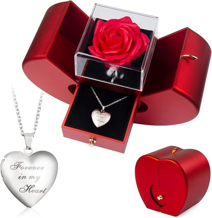 Forever Red Roses Heart Box to My Love Cherish These Preserved Roses with Custom Photo Necklace Eternal Flowers for Her Girlfriend Wife Mom Grandma