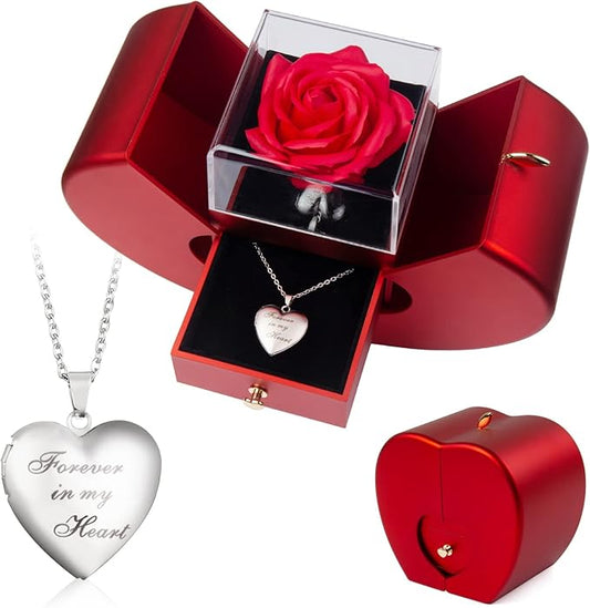 Forever Red Roses Heart Box to My Love Cherish These Preserved Roses with Custom Photo Necklace Eternal Flowers for Her Girlfriend Wife Mom Grandma