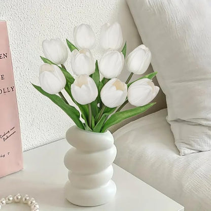 DILATATA 10 Pcs White Tulips Artificial Flowers Large Tulips Head Real Touch Fake Tulip Fake Flowers for Mother's Day 11.4" Faux Tulip for Vase Centerpieces Home Wedding Bouquet