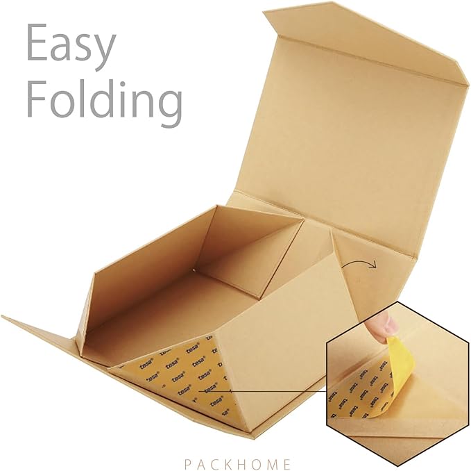 PACKHOME Gift Box 9x6.5x3.8 Inches, Rectangle Collapsible Box with Magnetic Lid for Gift Packaging (Kraft)