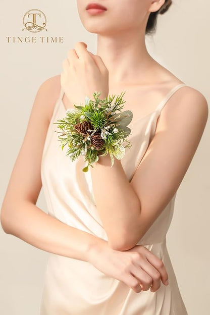 TINGE TIME Corsage and Boutonniere Set, Prom Flower Wrist Corsage Wristlet, Boutonniere for Men Wedding Flowers Accessories Prom Suit Decorations (White Ivory Greenery)