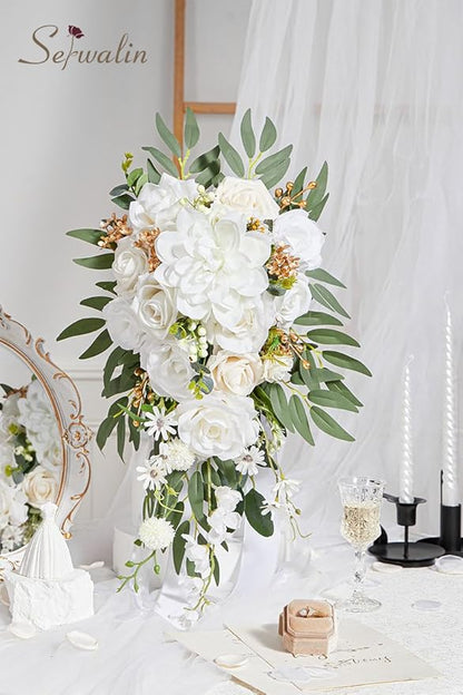 Serwalin 10 Inch Wedding Bouquets for Bride,Ivory Bridal Bouquet of Fake Flowers, Bridesmaid Bouquets for Wedding Ceremony Bridal Shower and Anniversary Day Decor