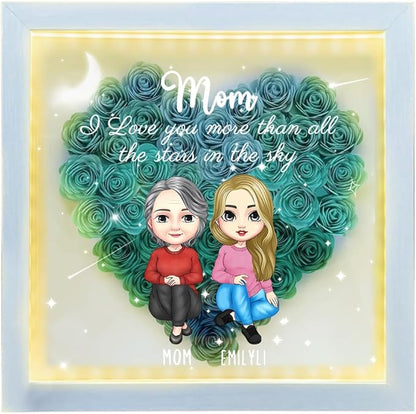 Personalized Mom Flower Shadow Box with LED Light Custom Heart Shaped Rose Flower Shadow Box Frame I Love You More Than All The Stars in The Sky Mother's Day Portrait Shadowbox Memory Gifts for Mom