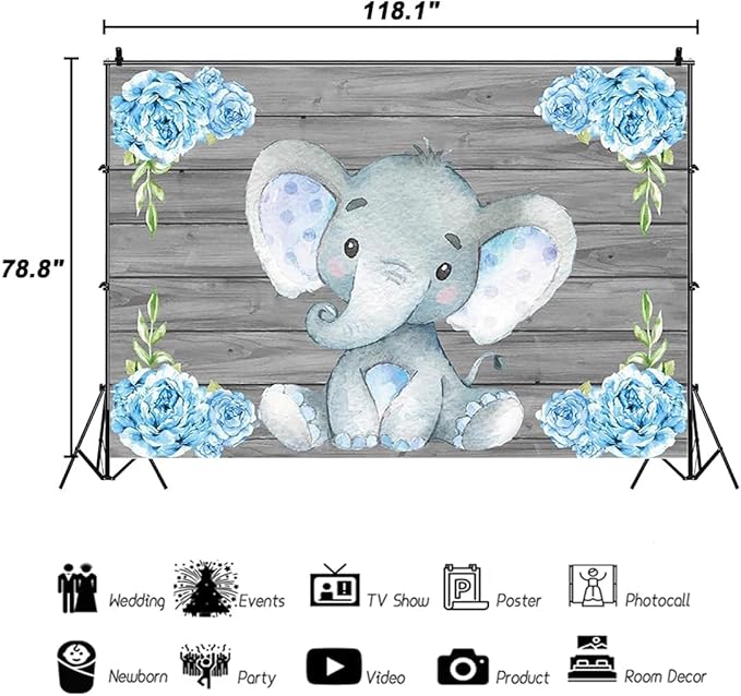 AOFOTO 10x6.5ft Cute Baby Elephant Backdrop Baby Shower Party Decoration Photography Background Watercolor Flowers Grey Wood Cartoon Girl Kid Boy Birthday Cake Dessert Table Banner Photo Studio Props