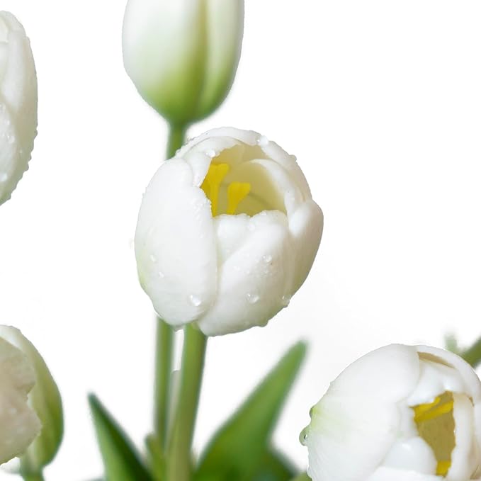 15pcs Artificial Tulips Flowers, Real Touch Latex Bouquet, Fake Tulips for Office Wedding Party Home Kitchen Garden Decoration-B White