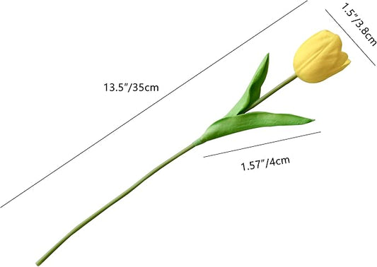 Mandy's Artificial Tulips 12 Stems Yellow Partially Open PU Faux Flowers for Thanksgiving and Christmas Decorations Wedding Home Decor 13.5 Inch