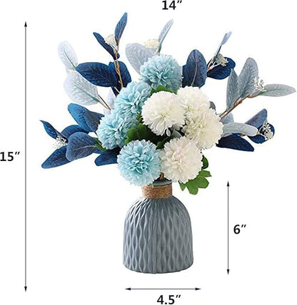 LADADA Blue Artificial Flower Bouquet in Ceramic Vase, White and Blue Ball Chrysanthemum with Eucalyptus, Minimalist Desk Decor for Office Home Centerpiece