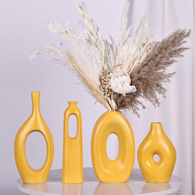 Yellow Vases Home Decor - 4-Piece Round Hollow Boho Yellow Ceramic Vase for Pampas Grass Decor, Modern Small Flower Vases for Living Room, Dining Table, Office, Wedding, Fireplace Decor