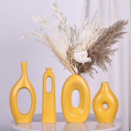 Yellow Vases Home Decor - 4-Piece Round Hollow Boho Yellow Ceramic Vase for Pampas Grass Decor, Modern Small Flower Vases for Living Room, Dining Table, Office, Wedding, Fireplace Decor