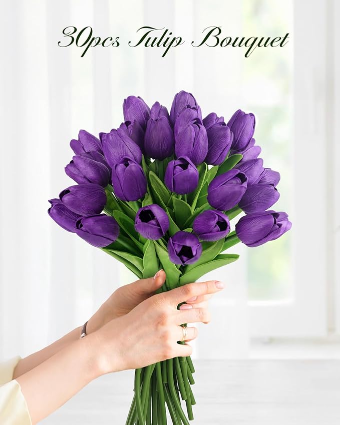 MACTING 30 PCS Artificial Tulip Flowers 13.7" Real Touch Fake PU Tulips Bouquet Faux Purple Flowers for Floral Arrangements Table Centerpiece Kitchen Home Indoor Outdoor Summer Decorations