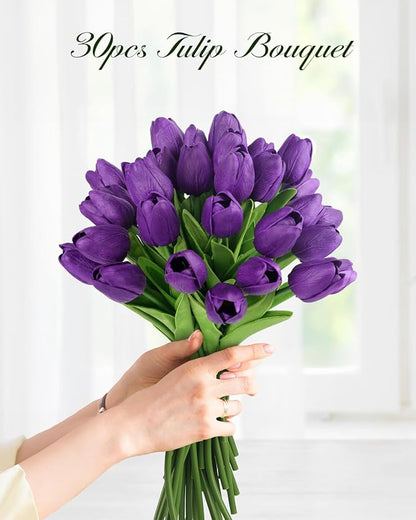 MACTING 30 PCS Artificial Tulip Flowers 13.7" Real Touch Fake PU Tulips Bouquet Faux Purple Flowers for Floral Arrangements Table Centerpiece Kitchen Home Indoor Outdoor Summer Decorations