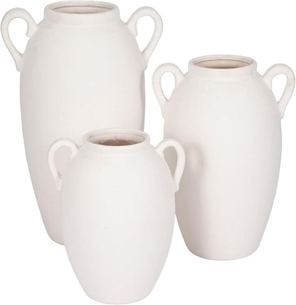 Decorative Vase for Home Decor – Textured Ceramic Jug with Handles, White Table Vase for Flowers, Modern Centerpiece for Living Room Styling or Shelf Displays, Casual Home Accent – 13", White