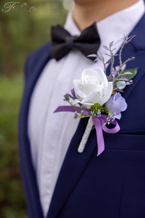 Fnize Purple Boutonniere for Men, 6 Pcs Groom Groomsmen Boutonnieres, Artificial Flowers for Wedding Prom Homecoming