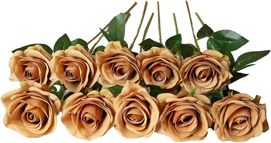 DuHouse 10pcs Fake Roses Artificial Silk Flowers Faux Rose Flower Long Stems Bouquet for Arrangement Wedding Centerpiece Party Home Kitchen Decor (Coffee)