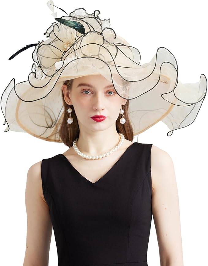 Organza Derby Hats for Women Wide Brim Fascinator Hat Rose Flower Wedding Tea Party Hat