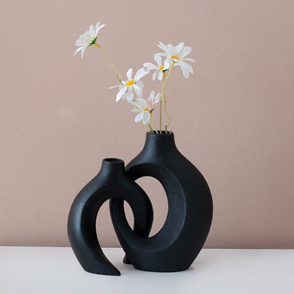 Black Vases Home Decor Set of 2, Ceramic Black Small Flower Vase, Minimalist Boho Decorative Modern Donut Vase for Farmhouse Living Dining Room Office Entryway Bookshelf Coffee Table Décor