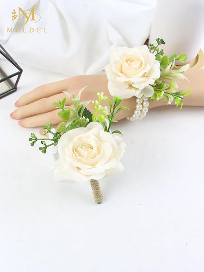 Meldel Wrist Corsage and Boutonniere Set for Wedding, Set of 2, Rose Wrist Flower Wristlet Bracelet for Bride Bridesmaid, Groom Best Man Boutonniere Wedding Flowers Accessories Prom Ceremony Party