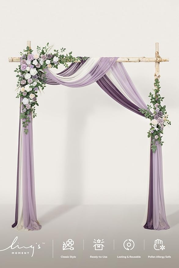 Ling's moment Wedding Arch Flowers with Drapes Kit-Pack of 5, 2pcs Flower Arrangements 3pcs Sheer Hanging Drapes White Ceremony Arbor Backdrop Artificial Rose Floral Decorations, Lilac & Purple