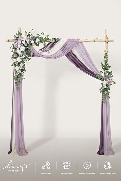 Ling's moment Wedding Arch Flowers with Drapes Kit-Pack of 5, 2pcs Flower Arrangements 3pcs Sheer Hanging Drapes White Ceremony Arbor Backdrop Artificial Rose Floral Decorations, Lilac & Purple