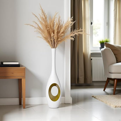 23.6 Inch White Vases – Modern Oval Floor Vase with Gold Cutouts & Slim Neck, Luxury Decorative Tall Vases for Living Room, Wedding, Office Decor – Resin Tall Floor Vase