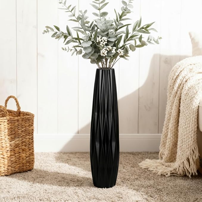 Tall Black Floor Vase – 24" Twisted Geometric Ceramic Vase for Modern Home, Living Room, Table Centerpiece or Corner Decoration
