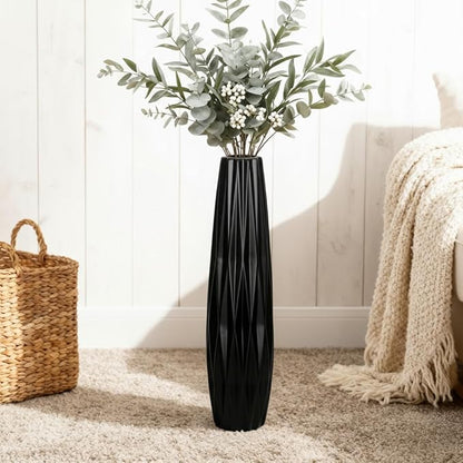 Tall Black Floor Vase – 24" Twisted Geometric Ceramic Vase for Modern Home, Living Room, Table Centerpiece or Corner Decoration
