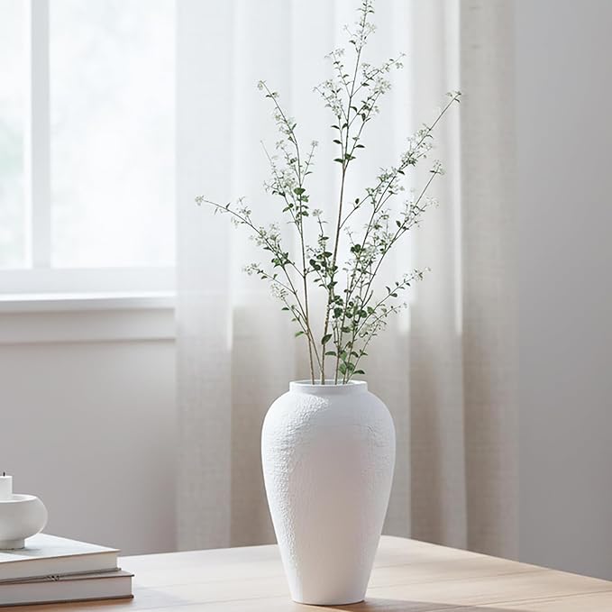 Vintage Ceramic Vase, Minimalist Texture Stone Patterned White Flower Vase, Decorative Vase for Living Room Shelf Farmhouse Dining Table Centerpiece Decor (White Texture 10.4'')