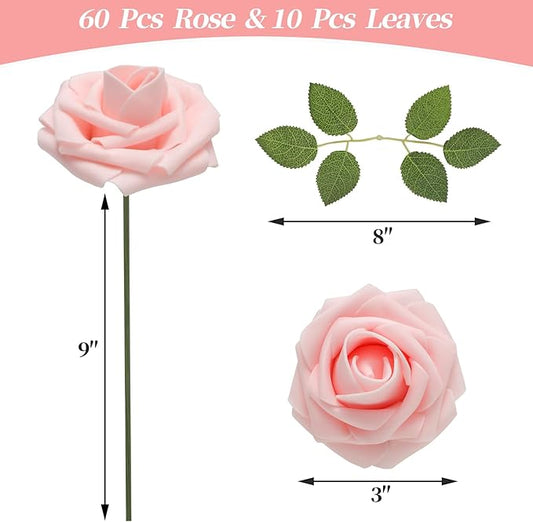 DerBlue 60pcs Artificial Roses Flowers Real Looking Fake Roses Artificial Foam Roses Decoration DIY for Wedding,Arrangements Party Home Decorations
