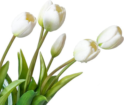 15pcs Artificial Tulips Flowers, Real Touch Latex Bouquet, Fake Tulips for Office Wedding Party Home Kitchen Garden Decoration-B White