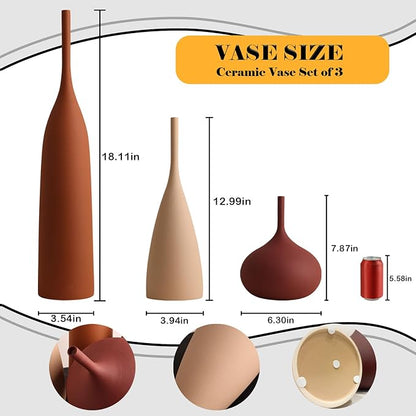 Ceramic Vases Set of 3, Modern Boho Vases for Centerpiece Decor, Matte Minimalist Decorative Vases for Home Decor, Living Room, Bookshelf, and Entryway Table Decor (Multicolor-1)
