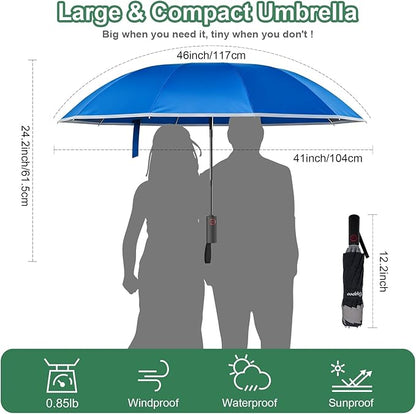 4-in-1 Inverted Travel Umbrella Compact, Automatic Large Umbrellas for Rain & Sun, Portable Windproof Umbrella for Backpack, Reverse Folding Umbrella for UV with Reflective Strips,Lightweight