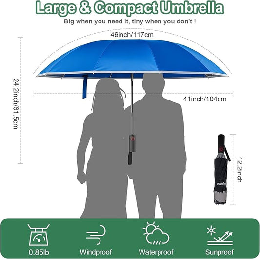 4-in-1 Inverted Travel Umbrella Compact, Automatic Large Umbrellas for Rain & Sun, Portable Windproof Umbrella for Backpack, Reverse Folding Umbrella for UV with Reflective Strips,Lightweight
