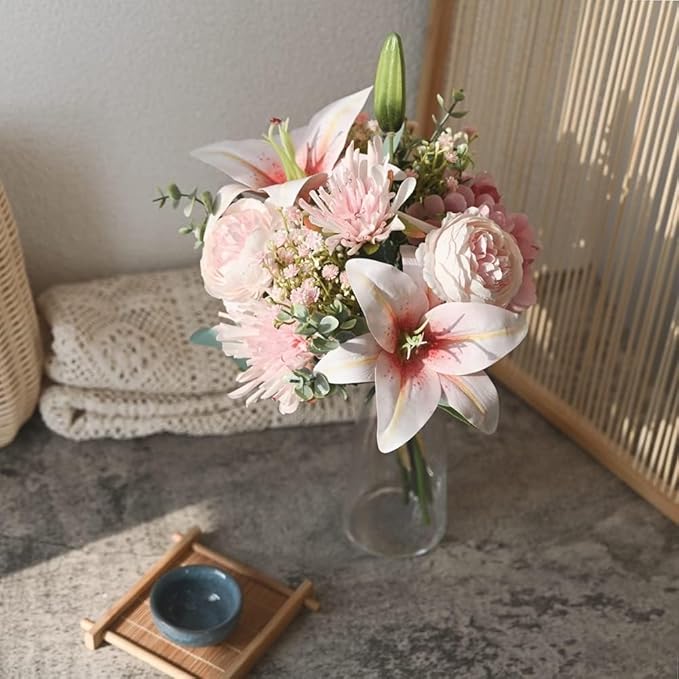 16-inch Artificial Fake Faux Flowers Silk Flower Arrangements Bouquets with Lilies, Buttercup, Hydrangea, Chrysanthemum, babysbreaths (Pink)